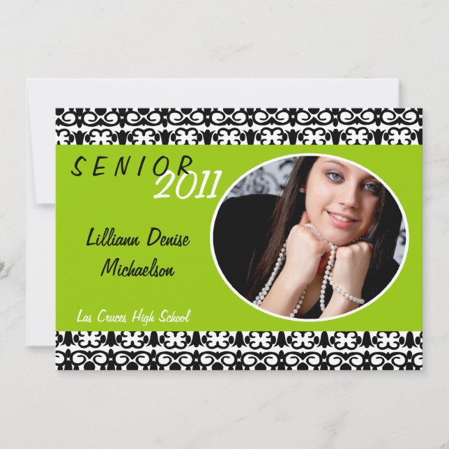 5x7 Lime Green Damask Photo Senior Announcement (Front)
