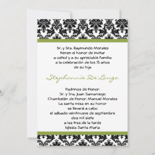 5x7 Lime Green Damask Quinceanera Invitation