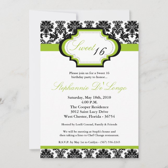 5x7 Lime Green Damask Sweet 16 Birthday Invitation (Front)