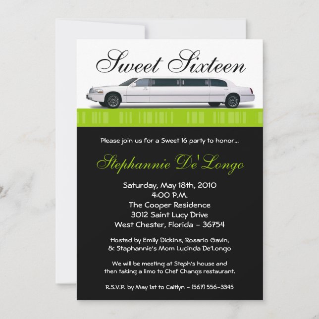 5x7 Lime Green Limo Sweet 16 Birthday Invitation (Front)
