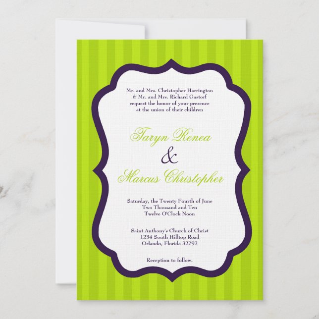 5x7 Lime Green & Purple Linen Wedding Invitation (Front)
