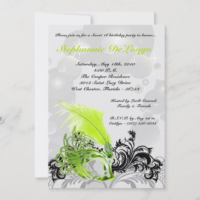 5x7 Lime Masquerade Sweet 16 Birthday Invitation (Front)