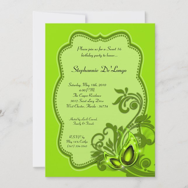 5x7 Lime Masquerade Sweet 16 Birthday Invitation (Front)