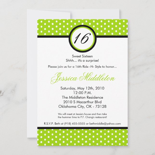 5x7 Lime White Polka Dot 16th Birthday Invitation (Front)