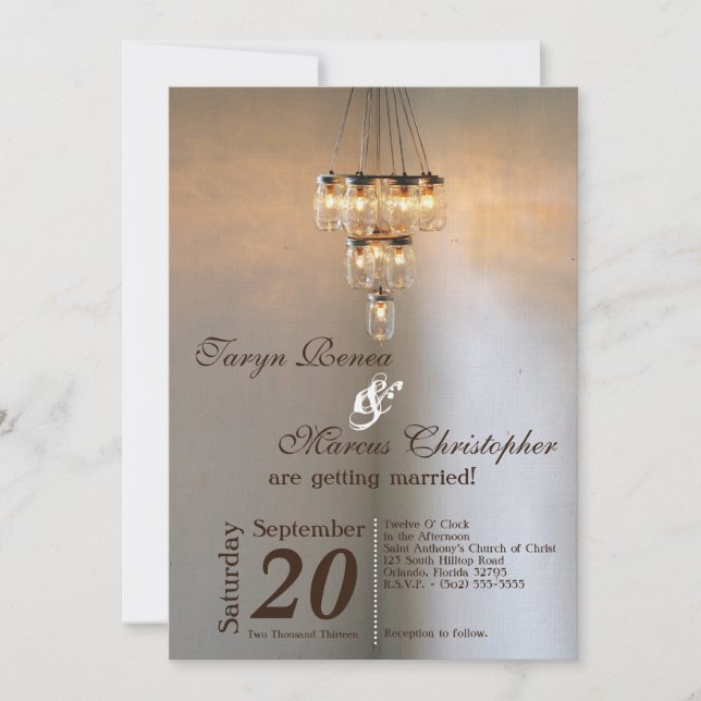 5x7 Mason Jar Chandelier Candle Wedding Invitation (Front)