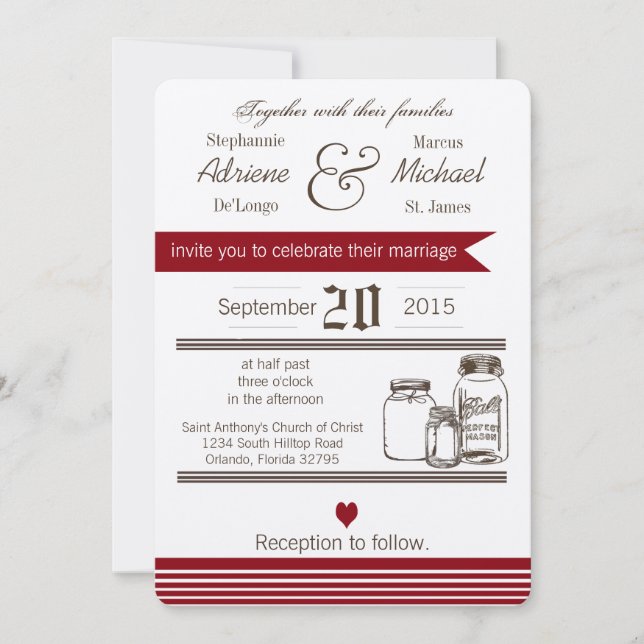 5x7 Mason Jar Country Rustic Wedding Invitation (Front)