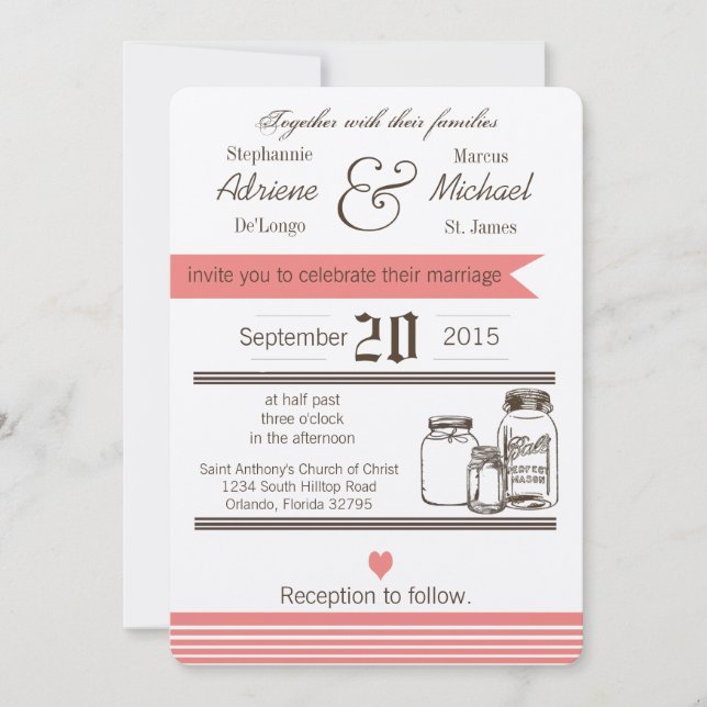 5x7 Mason Jar Country Rustic Wedding Invitation (Front)