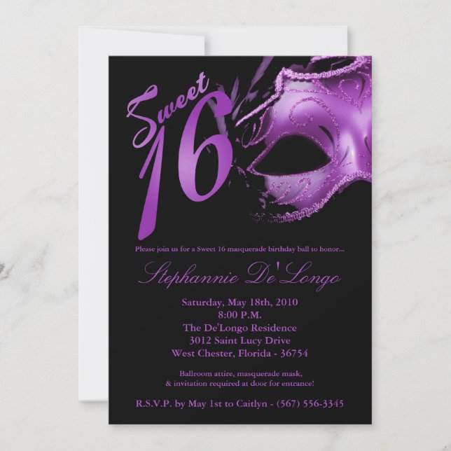 5x7 Masquerade Mask Sweet 16 Birthday Invitation (Front)