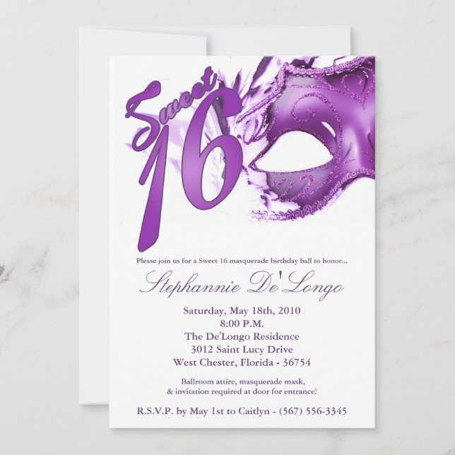 5x7 Masquerade Mask Sweet 16 Birthday Invitation (Front)