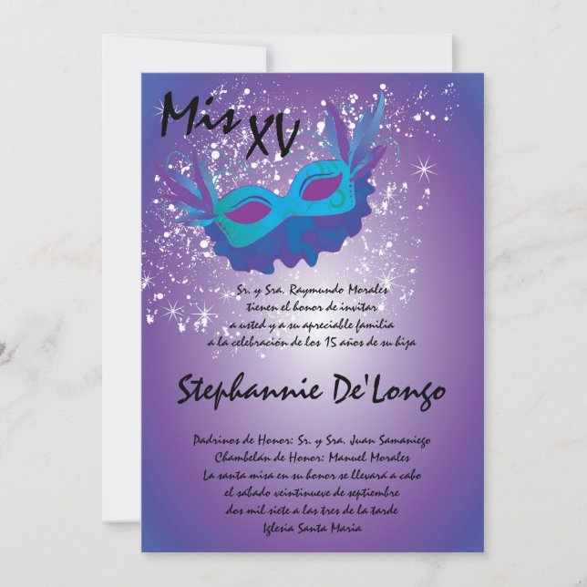 5x7 Masquerade Quinceanera Birthday Invitation (Front)