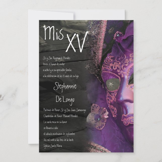 5x7 Masquerade Quinceanera Birthday Invitation (Front)