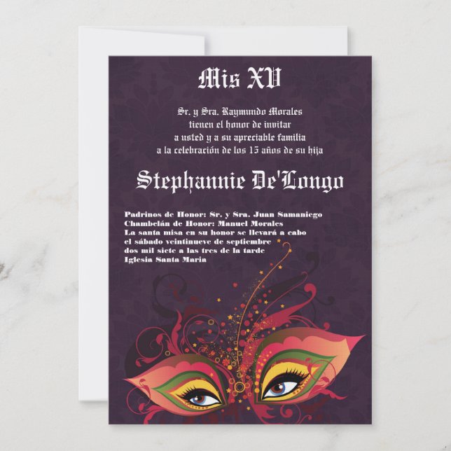 5x7 Masquerade Quinceanera Birthday Invitation (Front)
