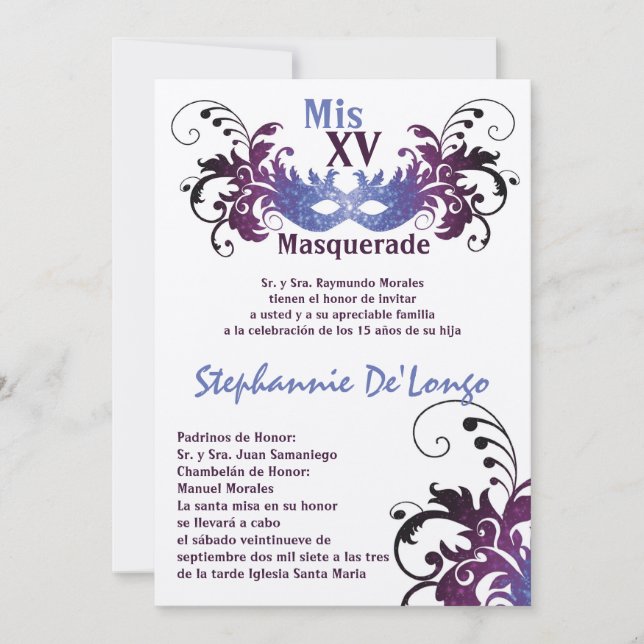 5x7 Masquerade Quinceanera Birthday Invitation (Front)
