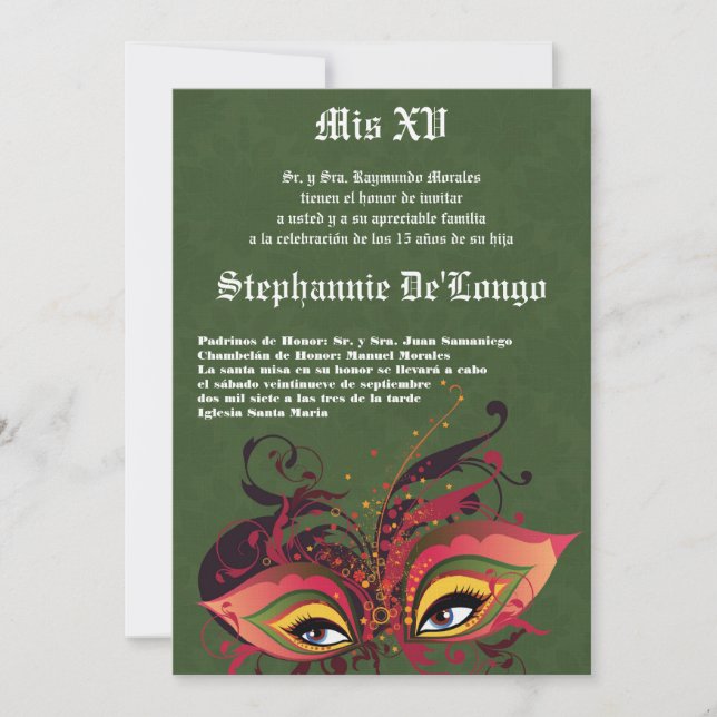 5x7 Masquerade Quinceanera Birthday Invitation (Front)
