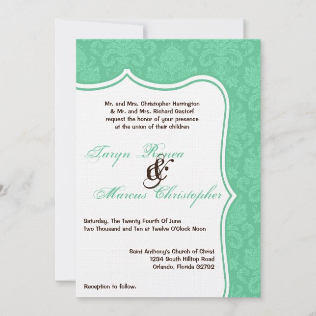 5x7 Mint Green Damask Lace Wedding Invitation (Front)