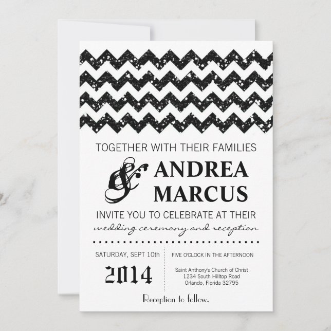 5x7 Modern Blac Glitter Chevron Wedding Invitation (Front)