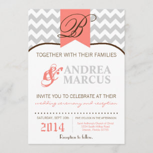5x7 Modern Chevron Stripe Coral Wedding Invitation