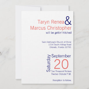 5x7 Modern Coral Navy Blue Chev Wedding Invitation