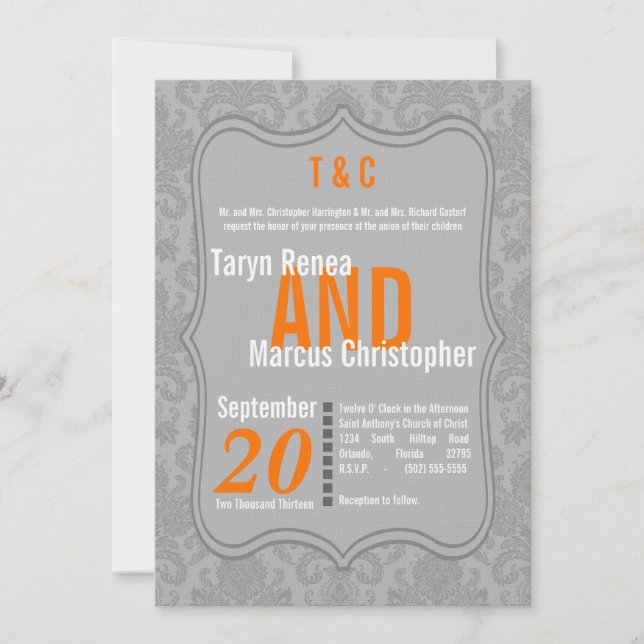 5x7 Modern Grey Damask Orange Wedding Invitation (Front)