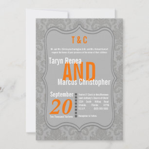 5x7 Modern Grey Damask Orange Wedding Invitation