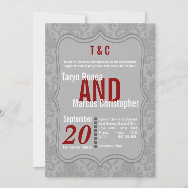5x7 Modern Grey Damask Red Wedding Invitation (Front)