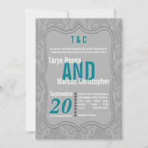 5x7 Modern Grey Damask Teal Wedding Invitation