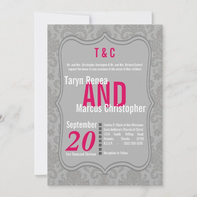 5x7 Modern Grey Hot Pink Damask Wedding Invitation (Front)