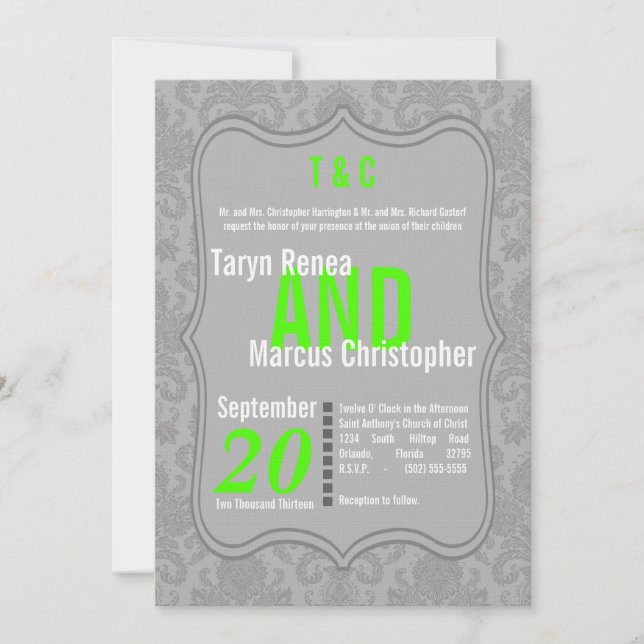 5x7 Modern Grey Neon Damask Wedding Invitation (Front)