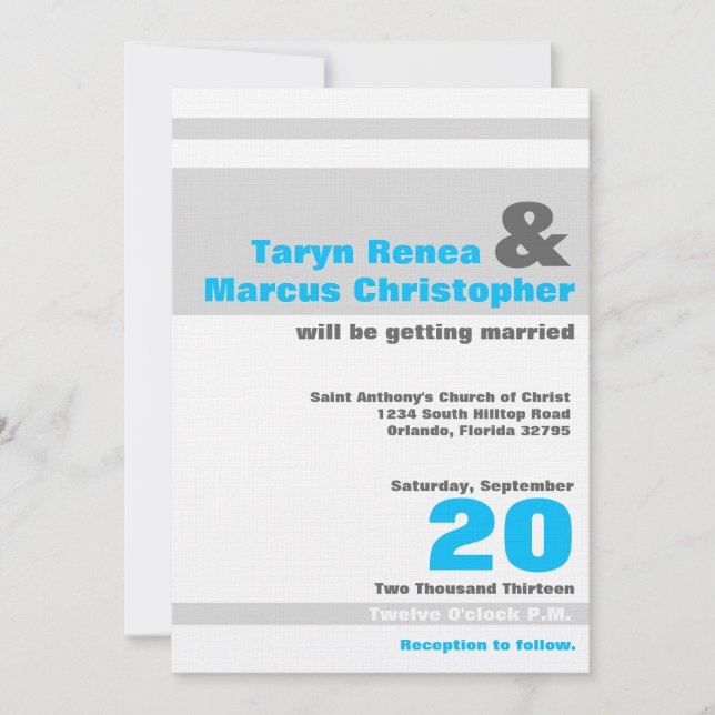5x7 Modern Neon Blue Stripe Wedding Invitation (Front)