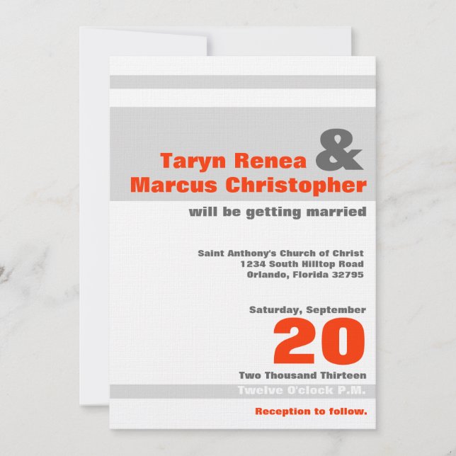 5x7 Modern Neon Orange Stripe Wedding Invitation (Front)