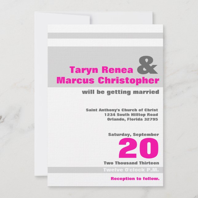 5x7 Modern Neon Pink Gre Stripe Wedding Invitation (Front)
