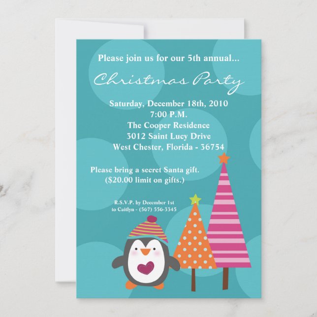 5x7 Modern Penguin Tree Christmas Party Invitation (Front)