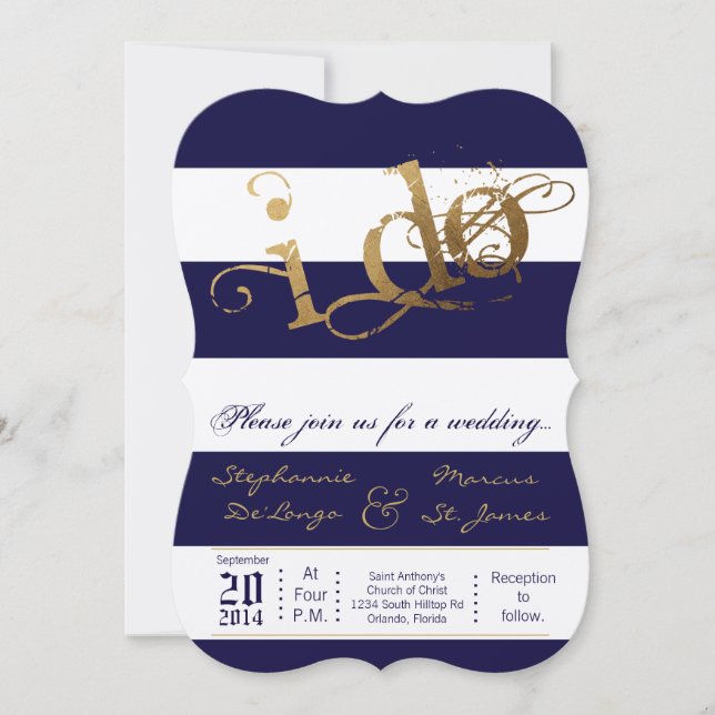 5x7 Modern Stripe Navy Bl White Wedding Invitation (Front)