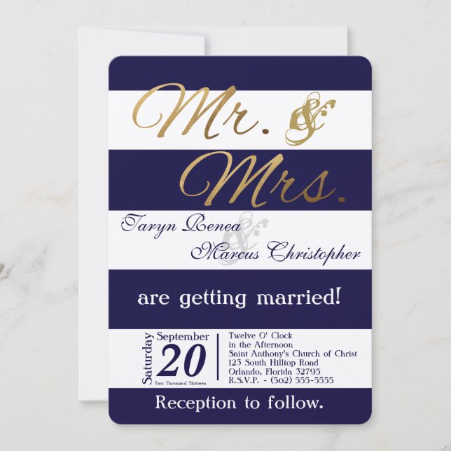 5x7 Modern Stripe Navy Bl White Wedding Invitation (Front)