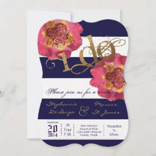 5x7 Modern Stripe Navy Floral Wedding Invitation