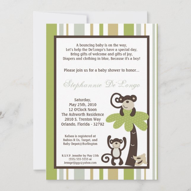 5x7 Monkey Time Zoo Animal Baby Shower Invitation (Front)
