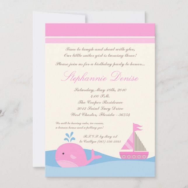 5x7 Naut Sail Boat Whale Birthday Party Invitation (Front)