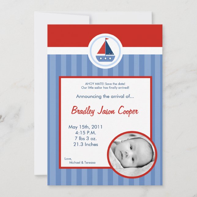 5x7 Nautical Sail Boat PHOTO Birth Announcement (Front)