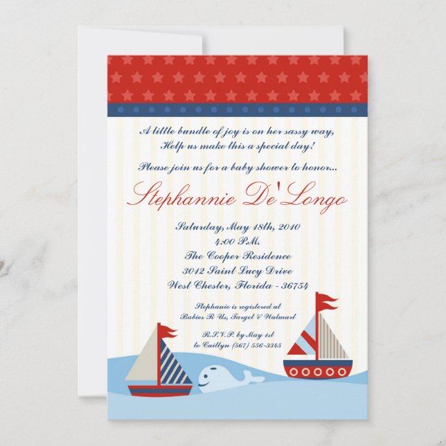 5x7 Nautical Sail Boat Whal Baby Shower Invitation (Front)