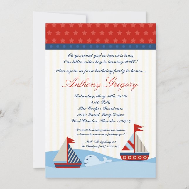 5x7 Nautical Sail Boat Whal Birthday Invitation (Front)