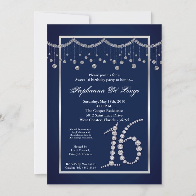 5x7 Navy Blue Diamond Sweet 16 Birthday Invitation (Front)