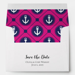 5x7 Navy Blue Hot Pink Nautical Save The Date Envelope