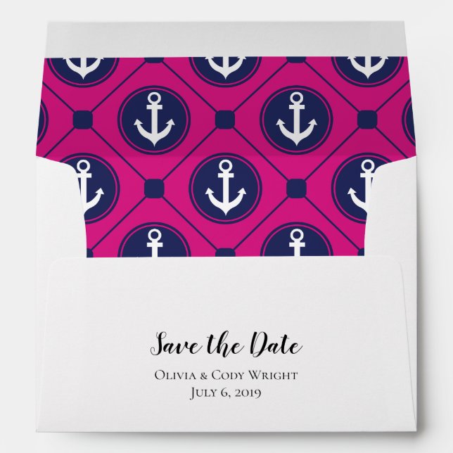 5x7 Navy Blue Hot Pink Nautical Save The Date Envelope (Back (Bottom))