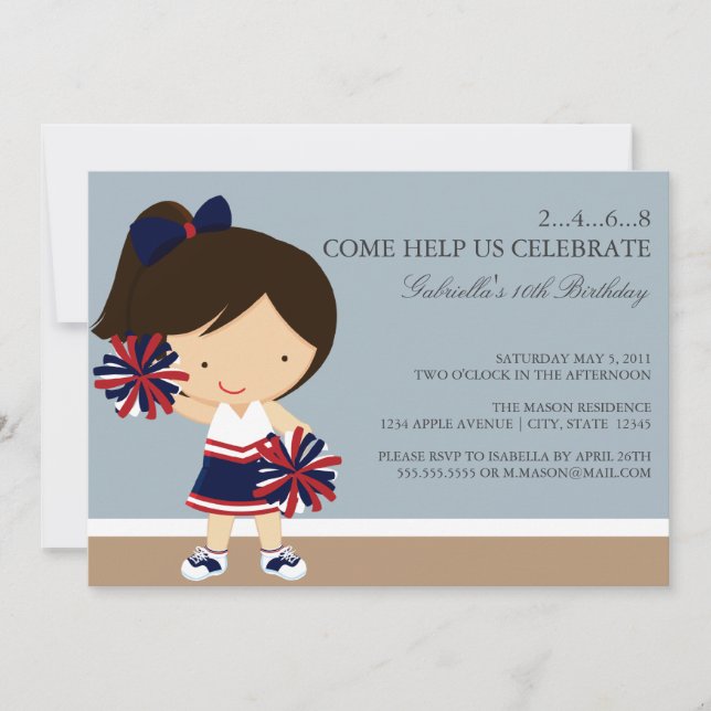 5x7 Navy/Red Cheerleader Birthday Party Invite (Front)