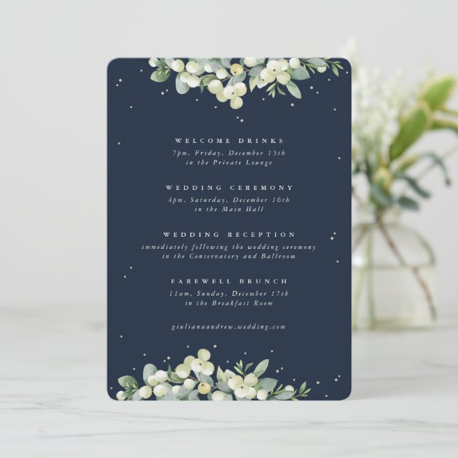 5x7 Navy Snowberry+Eucalyptus Wedding Itinerary (Standing Front)