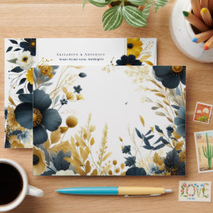 5X7 Navy Yellow Gold Floral Wedding  Envelope