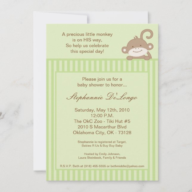 5x7 Neutral Green Monkey Baby Shower Invitation (Front)