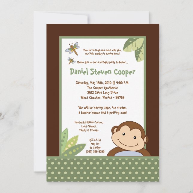 5x7 Neutral Papgayo Monkey Birthday Invitation (Front)