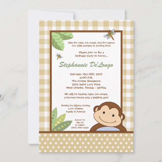 5x7 Neutral Papgayo Monkey Birthday Invitation (Front)
