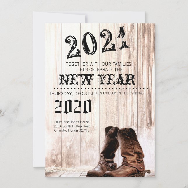 5x7  New Years Eve Invitation Boots Country Rustic (Front)